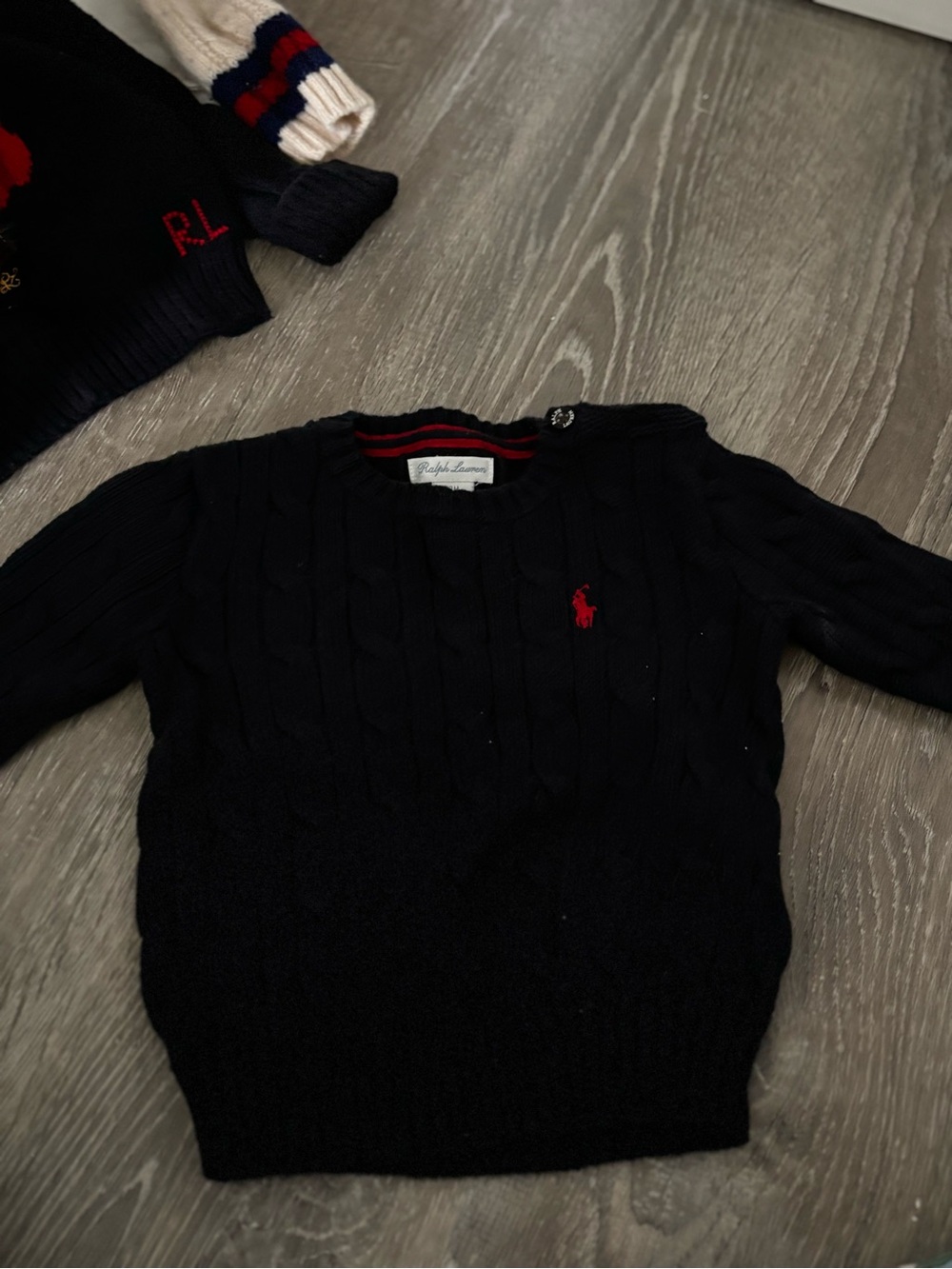 Ralph Lauren Black Cable-Knit Crewneck Sweater with Red Pony